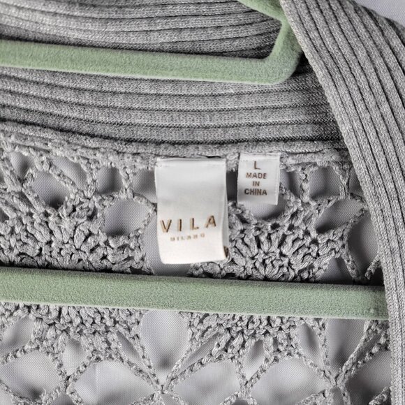 Vila Milano Cardigan Womens L Grey Crochet Back Ruffle Hem Sweater Grannycore - Picture 2 of 4